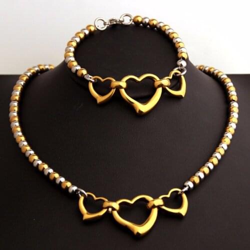 Trendy Gift Men Boy Stainless Steel Silver Color Gold Color Beads Round Chain Three Heart Pendant Link Necklace&Bracelet