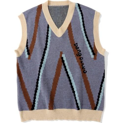 LACIBLE Streetwear Harajuku Knit Sweater Pullover Vest Retro Triangle Stripe Sleeveless Vest Loose Casual Knit Tank Tops Unisex