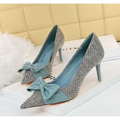 BIGTREE Women Pumps Braided bow Pointy Toe .5CM Thin High Heels Shoes Slip On Women Wedding Office Shoes Stiletto Party Shoes