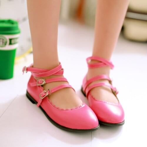 Flat Shoes Woman Ballerina 2020 Casual Lolita Shoes Pink Cute Womens Dress Shoes Flats Round Toe Ankle Strap Flats Size 32 33 42