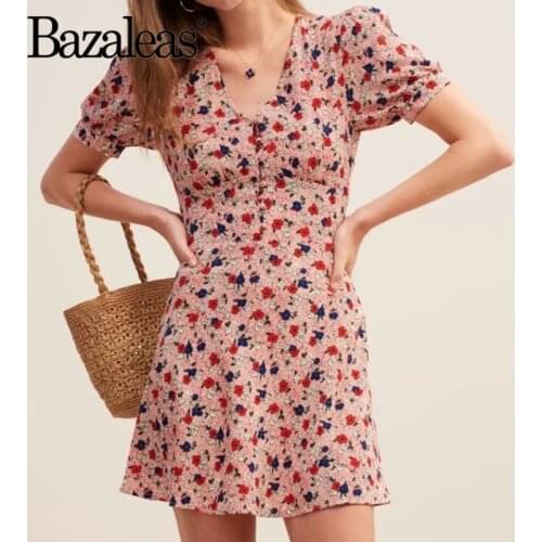 Bazaleas Vintage Slim vestidos Buttons women Dresses France Red Flower Polka Print women Dress Casual Drop shipping