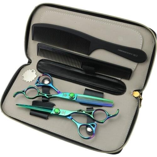 High quality hair scissors green 6 inch hollow handle hairdressing scissors Comb case scissor for barber set