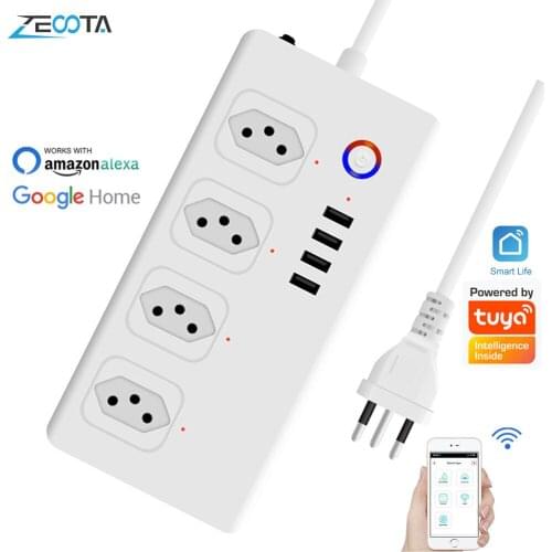 WiFi Smart Power Strip 4 Way AC Brazil Plug Outlets USB Sockets 1.5m Extension Cord Wireless Remote by Alexa Tuya Google Home