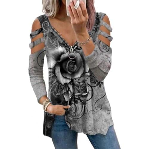 60% Dropshipping!!Women Blouse Rose Print V Neck Lady Hollow Out Long Sleeve Zipper T-shirt Streetwear