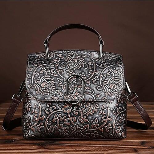 Famous Brand Genuine Leather Women Handbags Ladies Casual Shoulder Crossbody Messenger Bags Vintage Embossed Cowhide Tote Bag