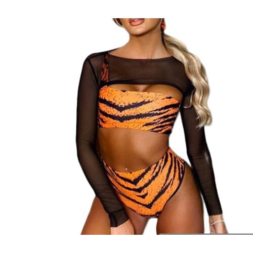 2021 Womens Sexy Three Piece Bikini Suits Fashion Mesh Yarn Smocks One-Shoulder Vest and High Waist Thong Swimming Wear