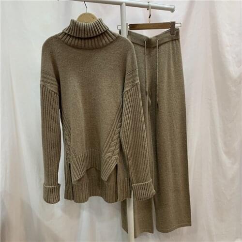 Womens Luxury Two Pieces 45% Cashmere + 30% Wool Suits Female Turtleneck Warm Mink Cashmere Knit Tops + Wool Pant Sets F2555
