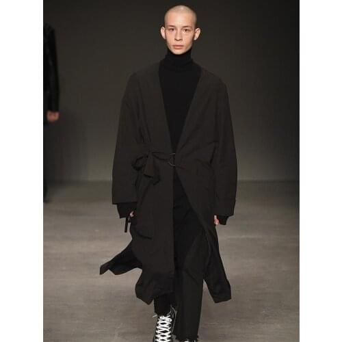 S-5xl Original Mens Black Long Section V-neck Trench Coat Catwalk Models Trench Personality Unique Design Long Coats Singer