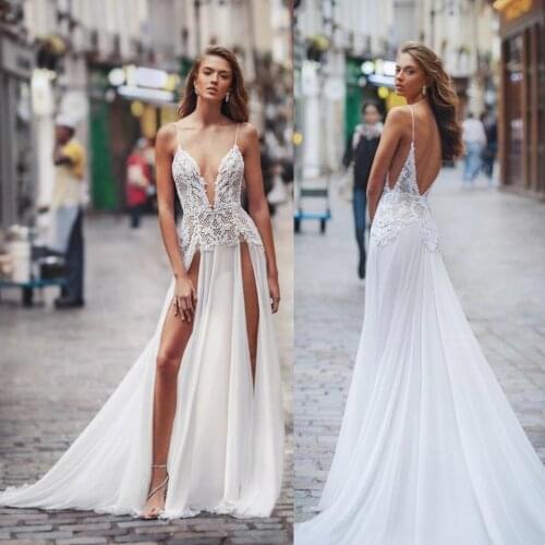 2021 Sexy V Neck Wedding Dresses Spaghetti Straps Lace Appliques Bridal Gowns Side Split Backless Vestido De Novia Custom Made