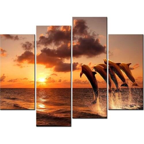 Animal Paintings Wall Art Some Dolphins Jumping on The Sea Under Sunset 4 Panel Picture Drop shipping