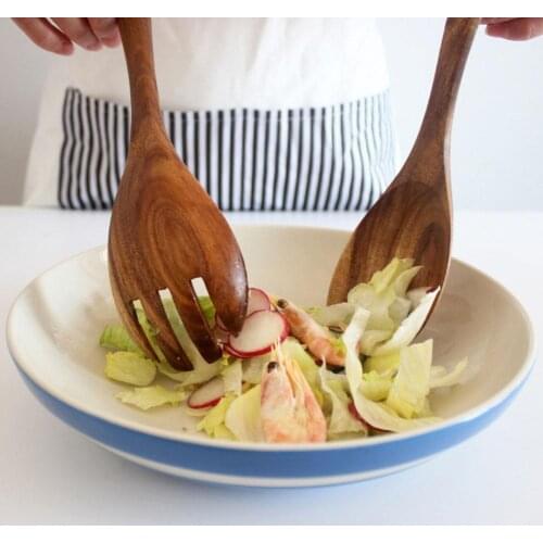 1PC Natural Wooden Spoon and Fork Cutlery Set Food Fruit Utensils Tableware Spoon Salad Kitchen Handle Soup Tools Long O3V1