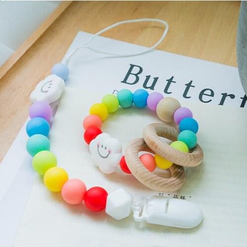 1pc Pacifier Chain Clips 15mm Silicone Beads Food Grade Silicone Rainbow Rattle Toys Wooden Ring Holder For Nipples Products