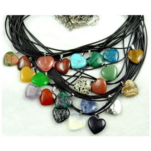 20mm Natural Stone Crystal Quartz Opal lapis Turquoises heart Pendant Leather Chains Necklace Women Fashion Jewelry 1PC