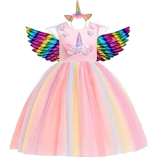 2021 Child Unicorn menina Rainbow Ball Gown Summer Girls Clothes Tutu Kids Princess Dress Birthday Party Vestidor Robe Costume