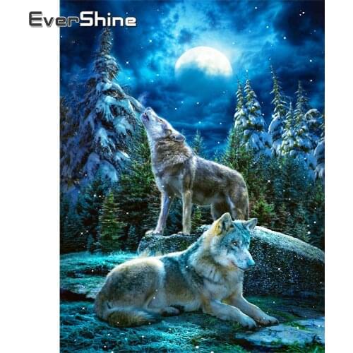 EverShine Full Square Drill Diamond Embroidery Wolf Rhinestone Mosaic Diamond Painting Animal Winter Picture Moon Hobby Art