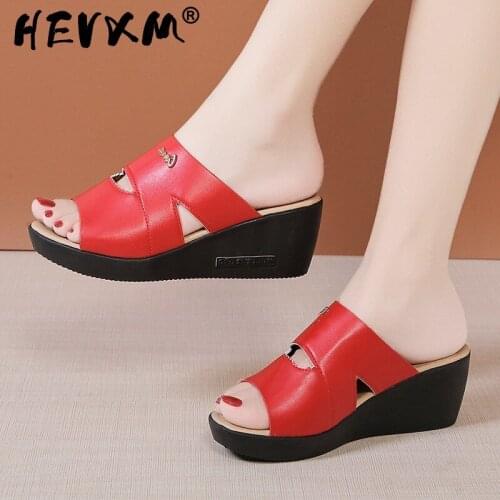 Size 35-40 Summer Genuine Leather Flip Flop Woman Sandals Shoes Solid Color Outdoor Wedge Heel 3.5CM Open Toe Slippers