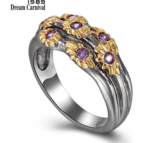 DreamCarnival 1989 Neo-Gothic Rings Women Wedding Band Golden Color Flowers with Purple Zircon Fashion Jewlery Wholesale WA11638