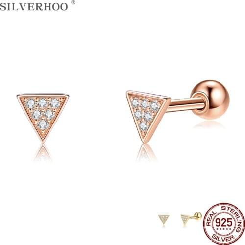 SILVERHOO 925 Sterling Silver Stud Earrings Triangle Shape Women Ring Exquisite Wedding Jewelry Simple Style Dating Present