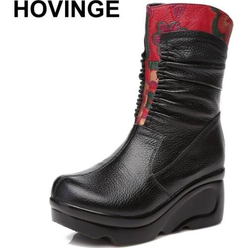 HOVINGE New Arrival Fashion Women Winter Genuine Leather Boots Handmade Vintage Slip-resistant Martin Boots Wedges Shoes Woman