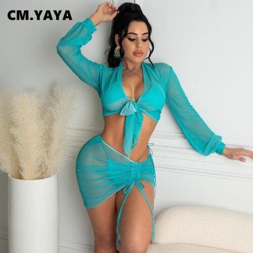 CM.YAYA 4 Piece Bikinis Set Women Solid Mesh See-trhough Sheath Elastic Four Piece Sets Female Sexy Summer Beach Clothing 2021