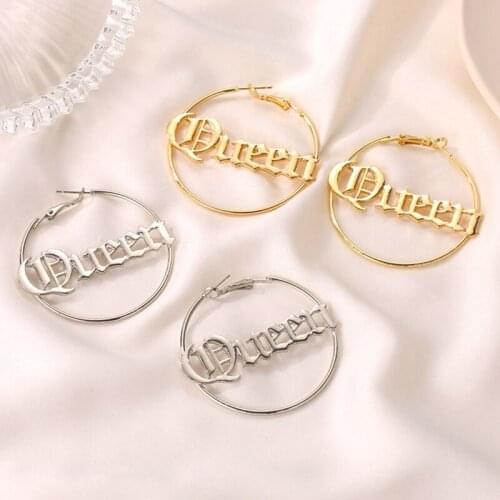 Exaggerated Large Round Letter Queen Hoop Earring Gold Silver Color Oversize Circle Earrings Ear Rings Jewelry for Women
