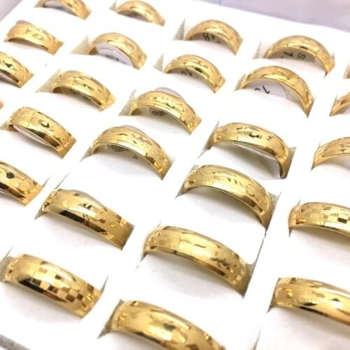 MixMax 36pcs Gold Plated Etching Pattern Men Women 6mm Band Stainless Steel Rings Wholesale Jewelry Lot