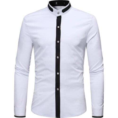 Mens Hipster Banded Collar Dress Shirts 2020 Autumn New Slim Fit Long Sleeve Chemise Homme Casual Constrast Color Shirt Male