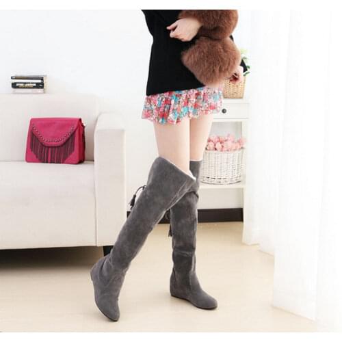 Sexy Womens Boots Faux Suede Over The Knee Flat Warm Boots Comfortable Thigh High Boots Lace-up Woman Winter Shoes High Quality