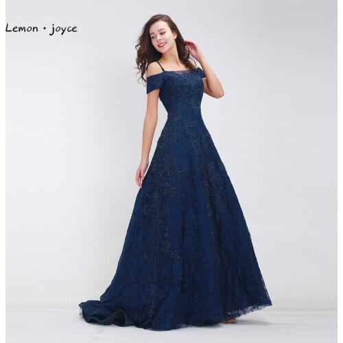 Dark Blue Prom Dresses Long 2020 Elegant Boat Neck Beading Lace A-line Floor-Length Luxury Evening Dresses Plus Size