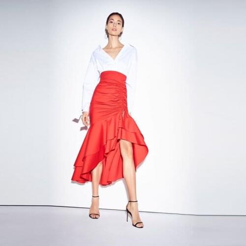 Red High Low Satin Skirt High Waist Women Tiered Long Skirts Formal Party Skirt Solid Pleated Office Skirt Drawstring desi