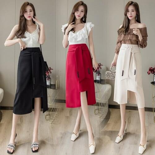 Womens Elegant Midi Skirts 2021 Spring & Summer New Lace-up High Waist Split Sexy Hip Mid-length Skirt for Young Women BSQ338