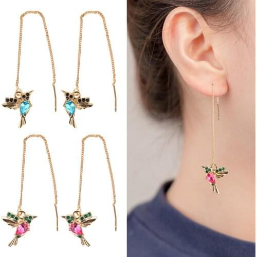 Ladies Elegant Hummingbird Rhinestone Stud Earrings Dangle Earrings Zircon Long Pendant Earchain for Women LL