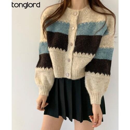Korea Retro Sweater Tops 2021 Autumn Winter Single-Breasted O-Neck Knitted Coats Female Striped Color Contrast Cardigan Crop Top