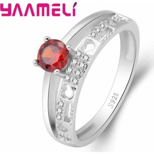Hollow Small Heart Shape With Red Cubic Zirconia 925 Sterling Silver Ring Women Female Party Wedding Gift Factory Price
