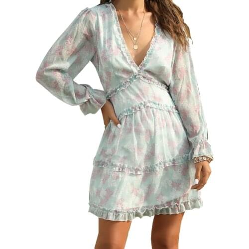 Women Long Sleeve Ruffle Layer Backless Swing Mini Dresses Summer Casual Sexy Deep V Neck Slim Sundress