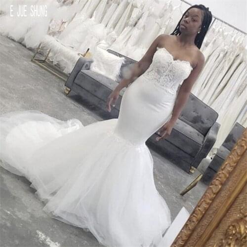 E JUE SHUNG African Mermaid Wedding Dresses Sweetheart With Beaded Lace Appliques 2020 Lace Up Back Bridal Dresses For Women