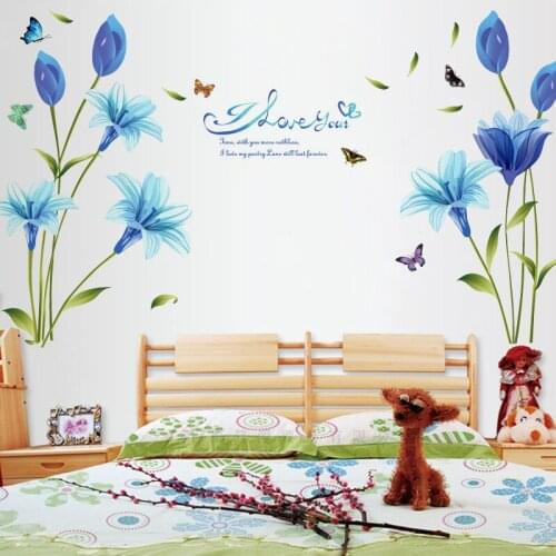 Watercolor blue lily wall sticker PVC Material DIY wall decals For Living room bedroom sofa background wall decor sticker
