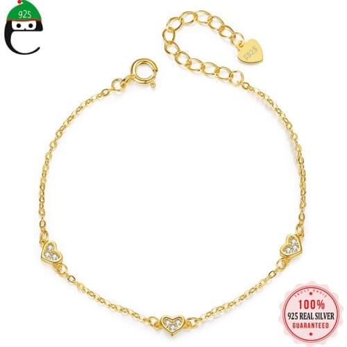 ElfoPlataSi 925 Real Sterling Silver 14K Gold Plated Romantic Heart Chain Bracelet For Women Fashion Charm Jewelry Gift L095