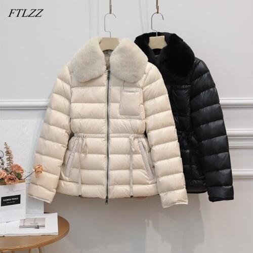 FTLZZ Winter Large Natural Rabbits Hair Duck Down Jacket Women Ultra Light 90% White Duck Down Parka Sash Tie Up Warm Coats