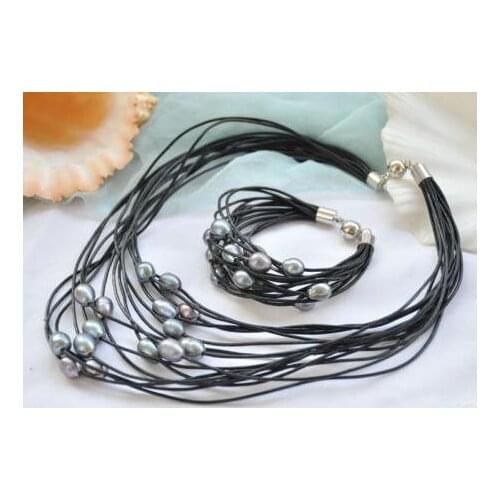 Elegant Handmade Real Pearl Jewelry Set 15row 13mm Black Rice Freshwater Pearl Black Leather Necklace Bracelet Magnet Clasp