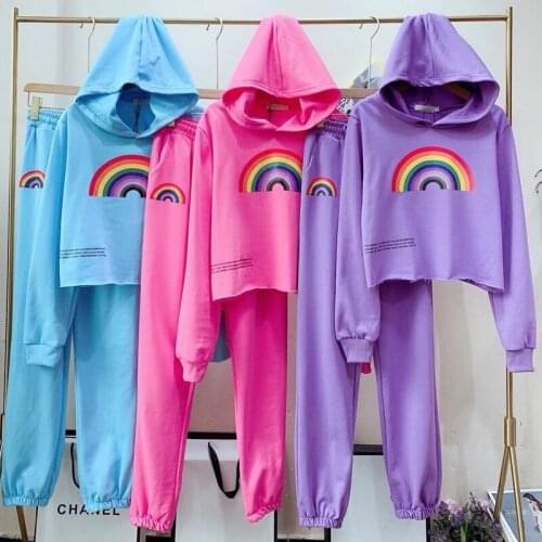 ALPHALMODA 2021 Spring Ladies New Rainbow Casual Sweatshirts Jogger Pants 2pcs Suit Women Hooded Long-sleeved Shirt Trousers Set