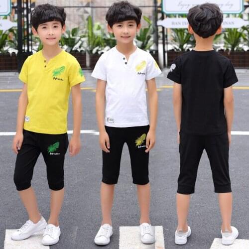 Summer Teens Boy Clothing Sets 4 To 14 Year Feather Embroidery Black White Yellow T Shirt Shorts Two Piece Kids Boy Sport Suit