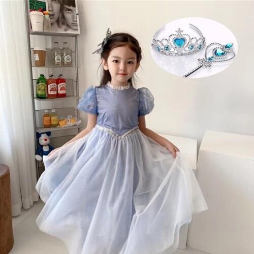 Summer Blue Glitter Princess Mesh Dress For Girls Short Sleeve Back White Bow Casual Party Ball Gown For Children