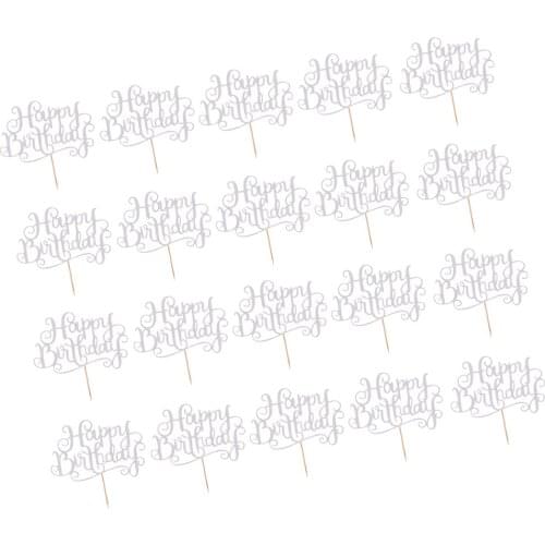 Pieces of 20 Glitter Paper Happy Birthday Cake Cupcake Topper Food Picks Home Party Decor Silver