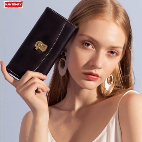 New Women Long Wallet Clutch Bag Large Capacity Mobile Phone Bag Card Holder Purses Fashion Lock Buckle Genuine Leather Female