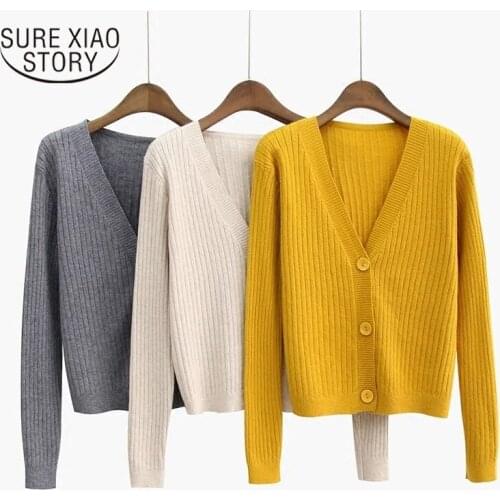 Solid Knitted Sweater 2021 Autumn V-neck Women Sweater Long Sleeve Korean Cardigan Short Loose Coat Office Lady Clothing 10645