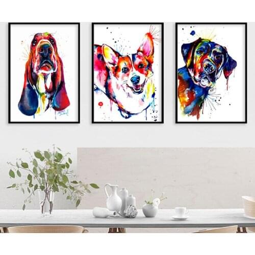 Poster Home Decor Stickers 5PCS/Set Watercolor Dog Portrait Triptych Modern Animal Art Entrance Living Room Decoration Painting