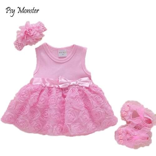 New Born Baby Girls Infant Dress&clothes Kids Party Birthday Outfits 1-2years Headband Shoes Set Christening Gown Jurk Zomer G84
