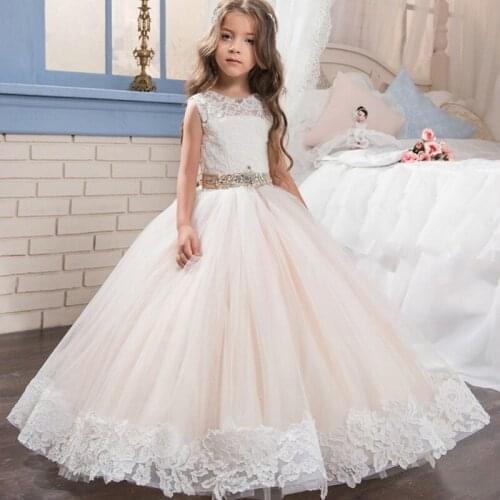 Champagne Flower Girl Dresses with Beaded belt Lace Appliques Custom Made Gown First Communion Dresses for Girls