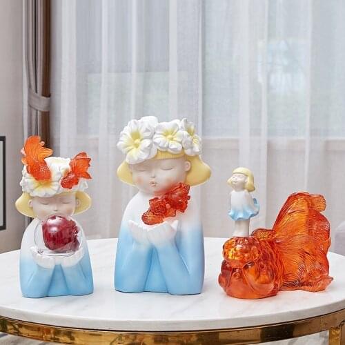 SIMPLE AND MODERN CREATIVE CUTE GIRLS ART SCULPTURE JANE GOLDFISH FIGURINE RESIN CRAFTS DECORATIONS FOR HOME WEDDING GIFT R3575